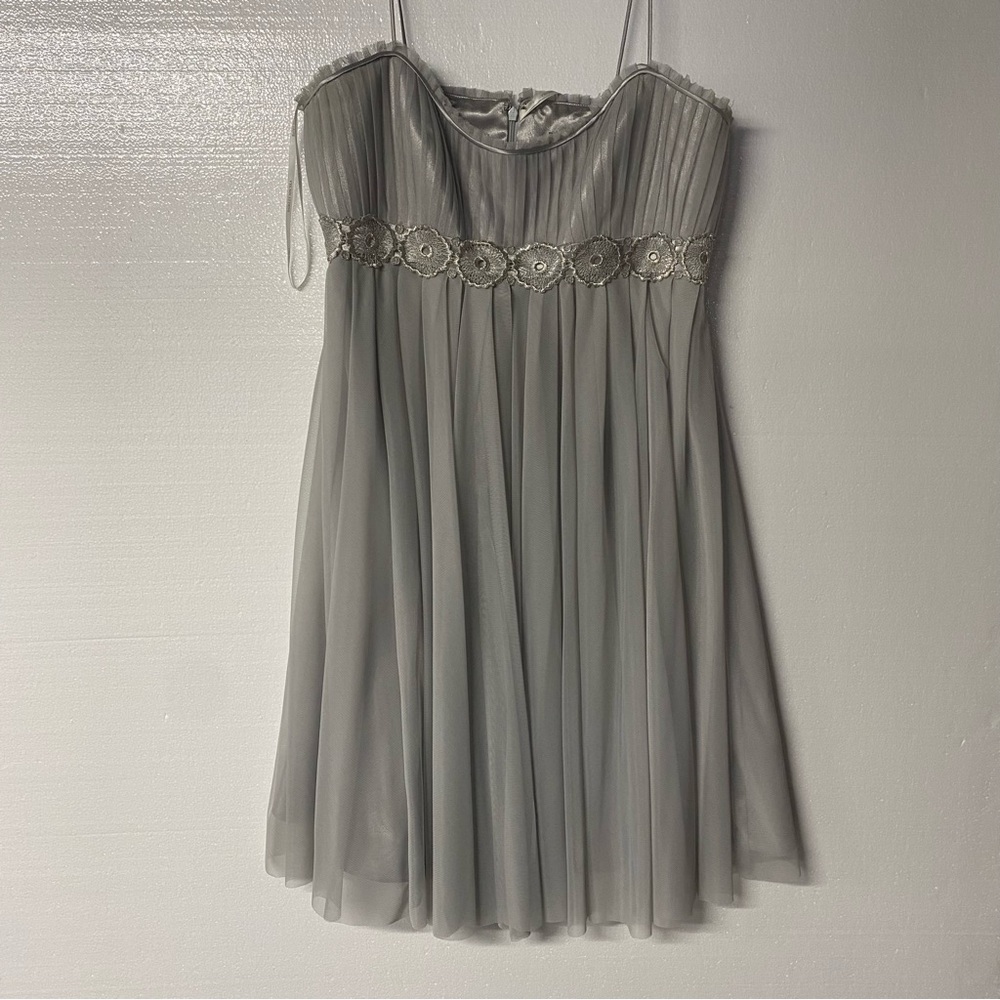 Badgley Mischka Mini Dress 16 Grey Chiffon Embellished Prom Bridesmaids Wedding